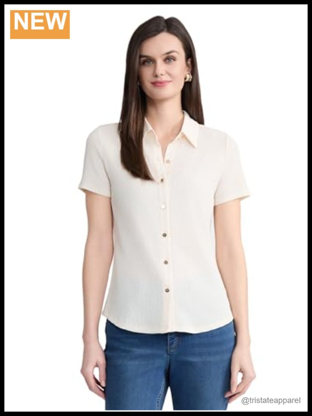Womens Short Sleeve Collared Button Front Crinkle Blouse